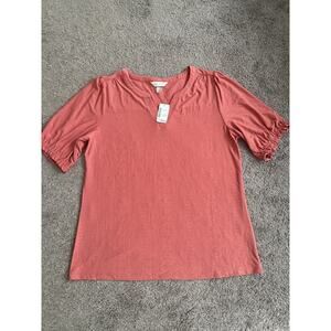 Large Coral Christopher & Banks Stretchy Cool Short Sleeve Blouse V-Neck